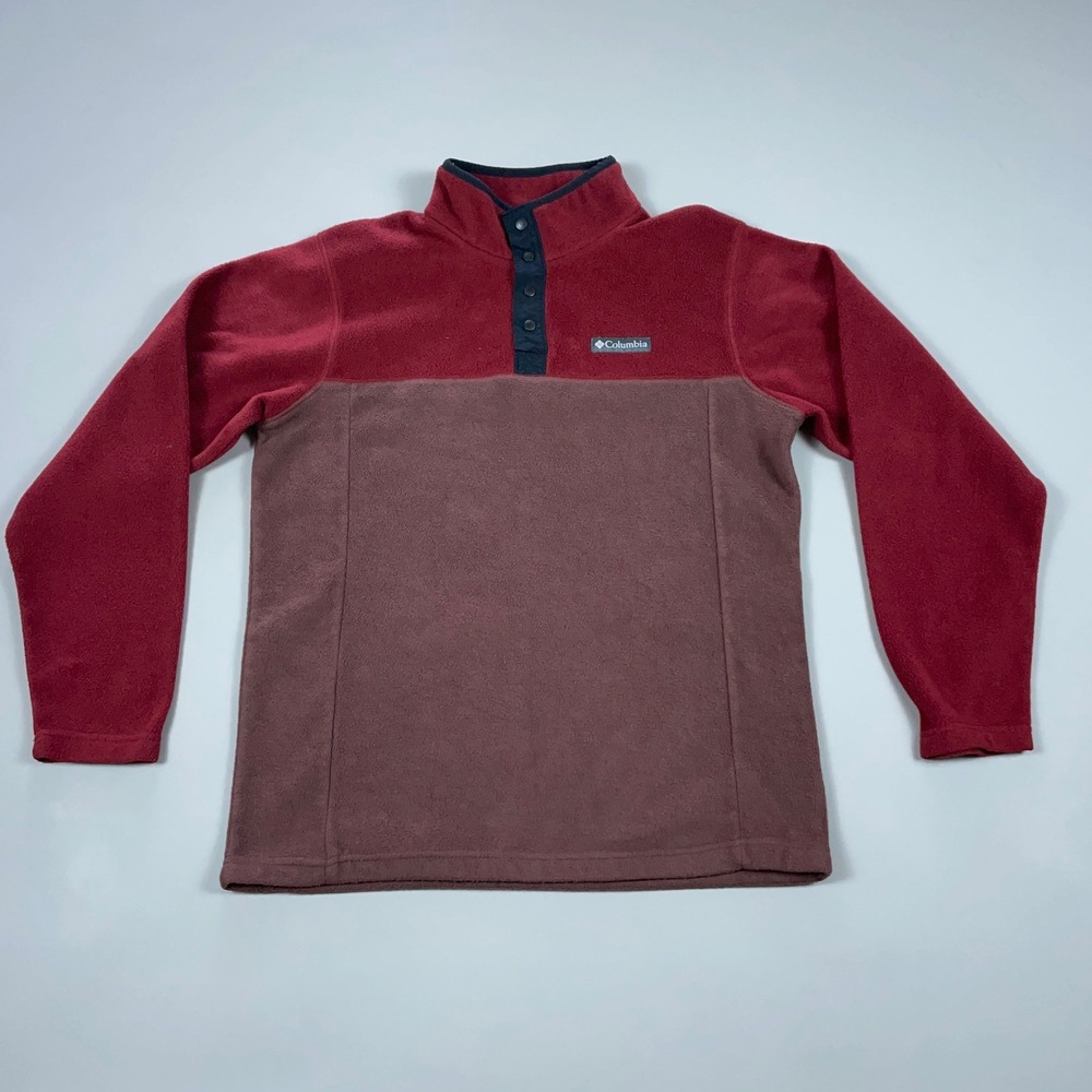 Columbia Mens Fleece Pullover Red Colorblock Snap Neck Sweatshirt AM0251 Size M